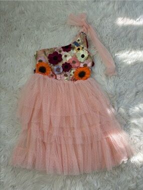 Just Me One-Shoulder Pink Tulle Dress with Floral Appliqué